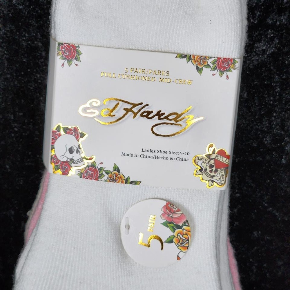 Ed Hardy 5 Pack Mid-Crew Socks Ivory Pink Grey Tattoo Rose Heart Size 4-10